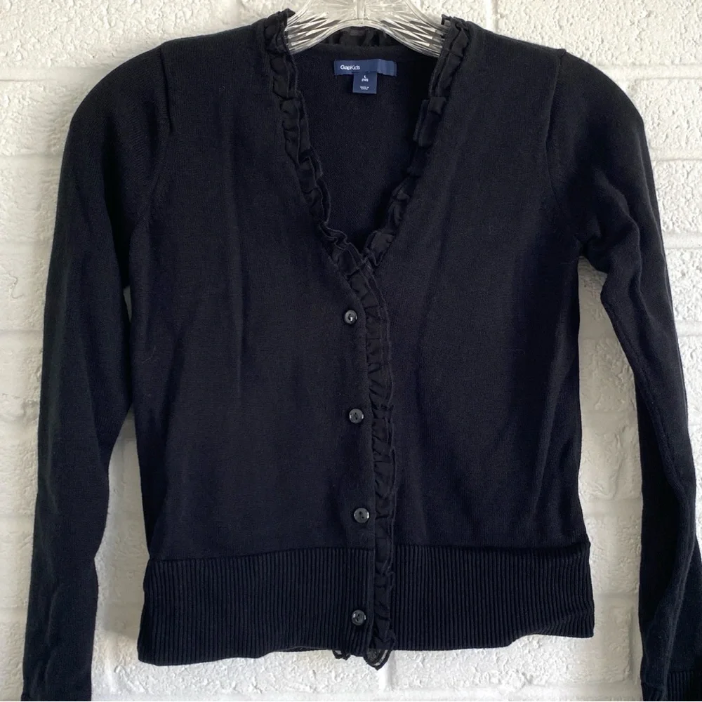 GAP KIDS Black Knit Cardigan Button Down Ruffle Neck Cotton Size 10 Large